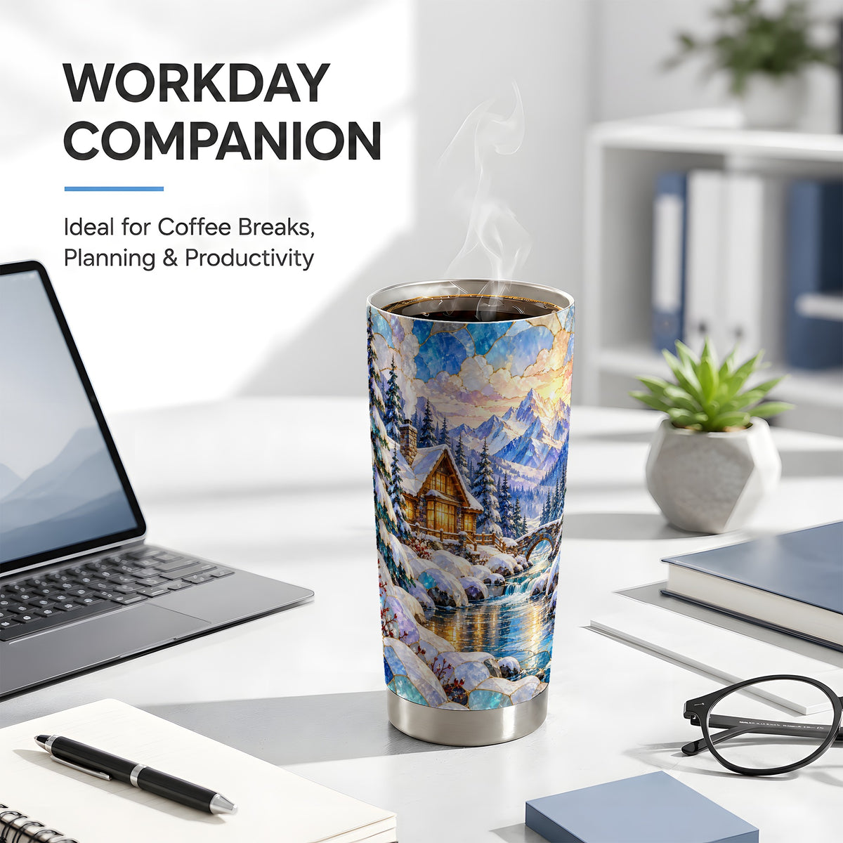 Snowy Cabin Tumbler 20oz, Winter Scene Tumbler, Steel Travel Cup