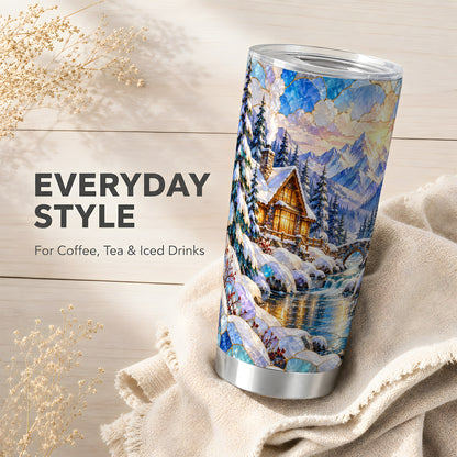 Snowy Cabin Tumbler 20oz, Winter Scene Tumbler, Steel Travel Cup