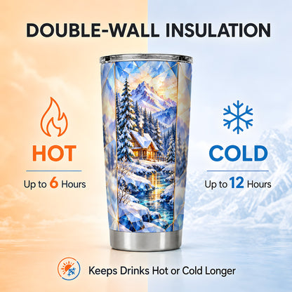 Crystal Cabin Tumbler 20oz, Mountain Scene Tumbler, Steel Travel Cup