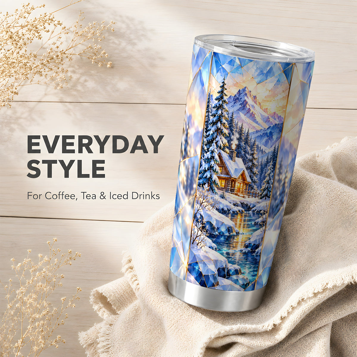 Crystal Cabin Tumbler 20oz, Mountain Scene Tumbler, Steel Travel Cup