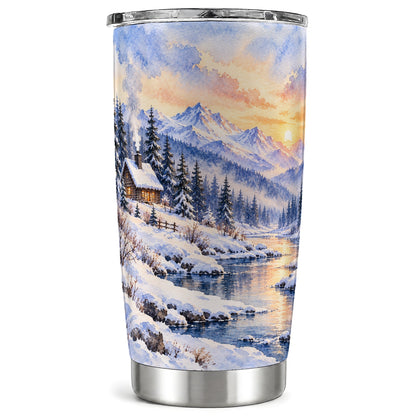 Watercolor Cabin Tumbler 20oz, Snowy Mountain Tumbler, Steel Travel Cup