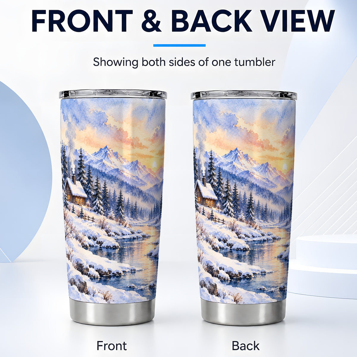 #pl[20oz|Steel] Watercolor Cabin Tumbler 20oz, Snowy Mountain Tumbler, Steel Travel Cup