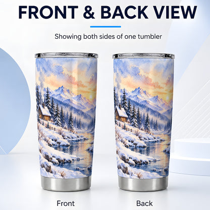 #pl[20oz|Steel] Watercolor Cabin Tumbler 20oz, Snowy Mountain Tumbler, Steel Travel Cup