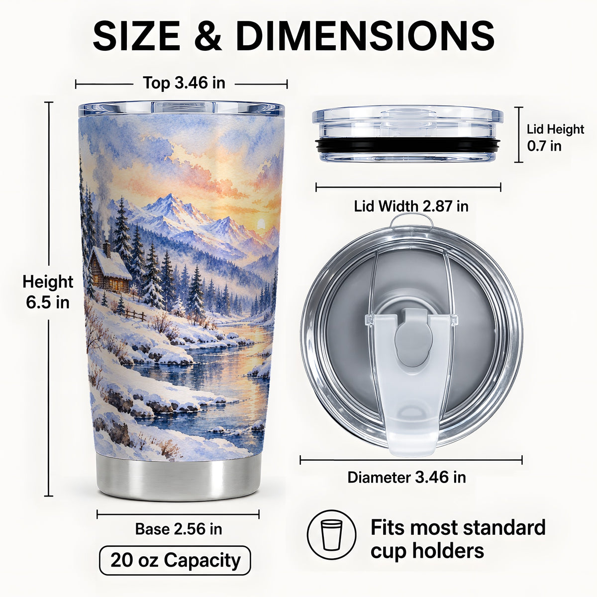 #pl[20oz|Steel] Watercolor Cabin Tumbler 20oz, Snowy Mountain Tumbler, Steel Travel Cup