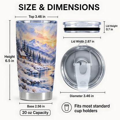 #pl[20oz|Steel] Watercolor Cabin Tumbler 20oz, Snowy Mountain Tumbler, Steel Travel Cup