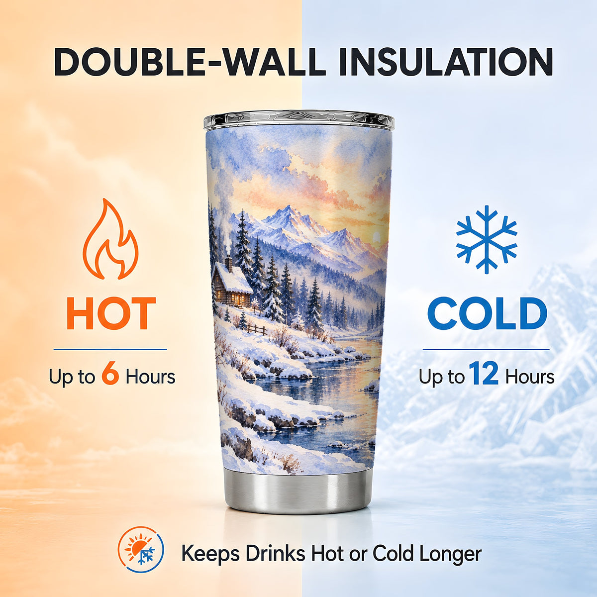 Watercolor Cabin Tumbler 20oz, Snowy Mountain Tumbler, Steel Travel Cup