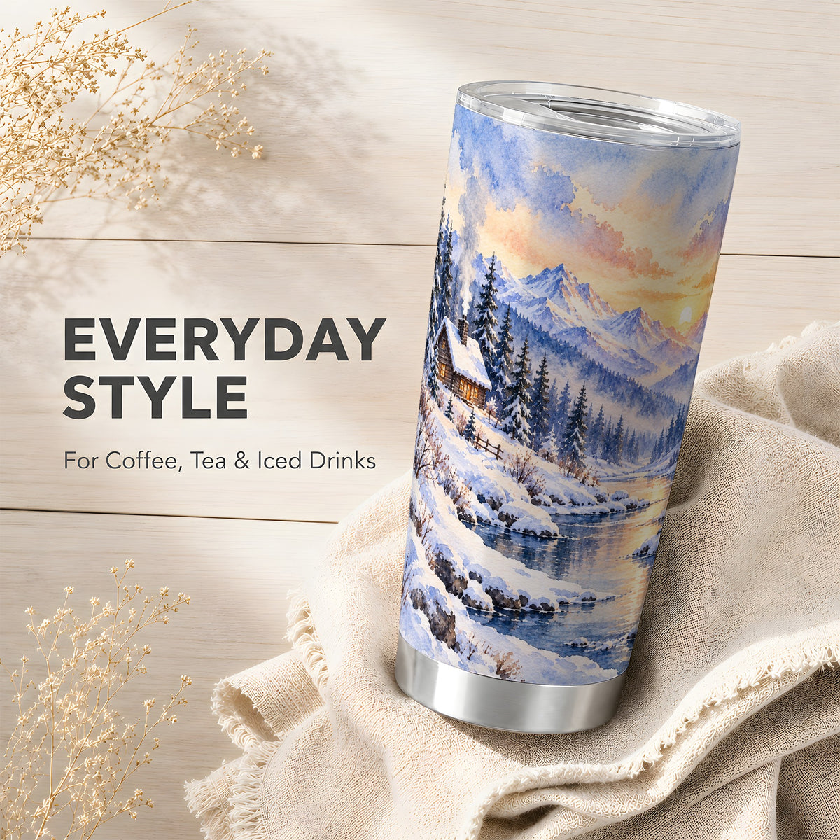 Watercolor Cabin Tumbler 20oz, Snowy Mountain Tumbler, Steel Travel Cup