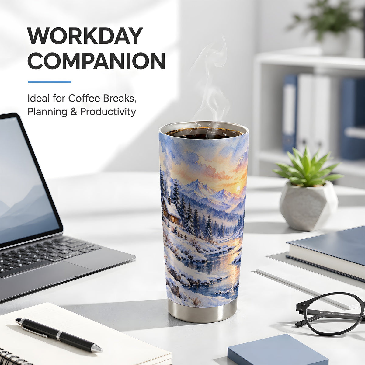 Watercolor Cabin Tumbler 20oz, Snowy Mountain Tumbler, Steel Travel Cup