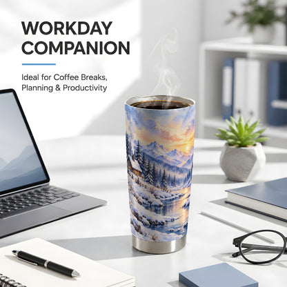 Watercolor Cabin Tumbler 20oz, Snowy Mountain Tumbler, Steel Travel Cup
