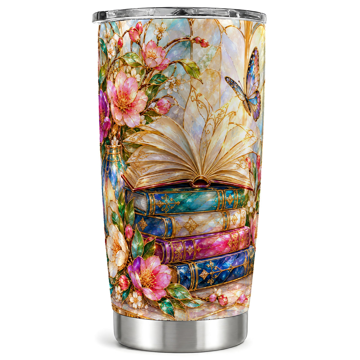 Floral Books Tumbler 20oz, Butterfly Theme Tumbler, Steel Travel Cup