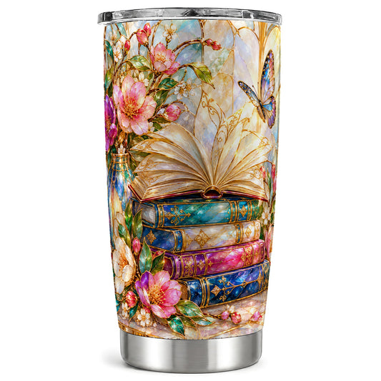 Floral Books Tumbler 20oz, Butterfly Theme Tumbler, Steel Travel Cup