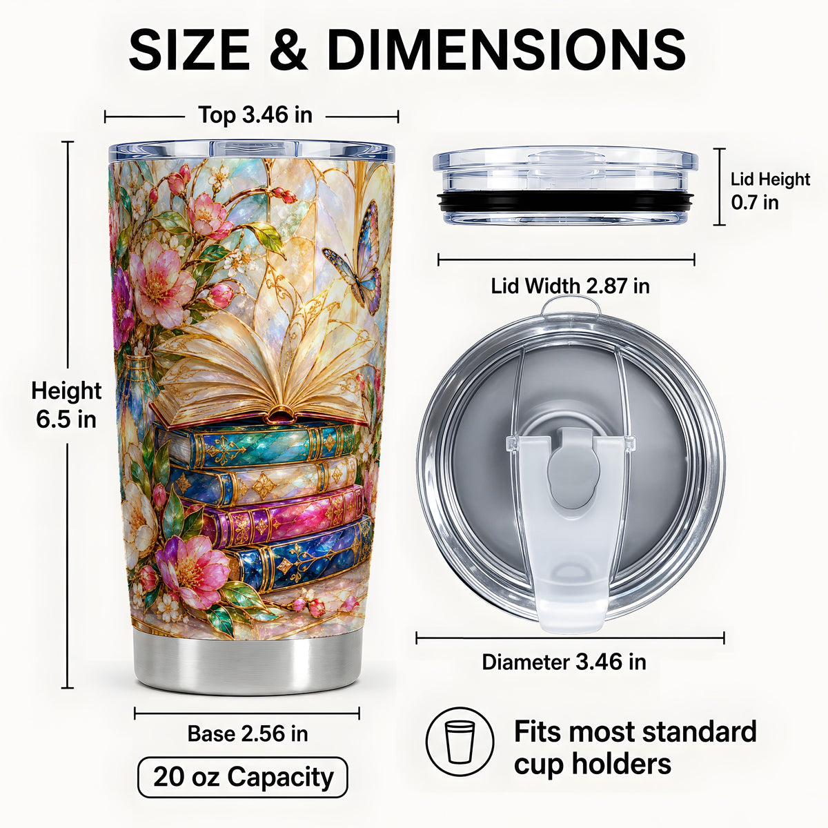 #pl[20oz|Steel] Floral Books Tumbler 20oz, Butterfly Theme Tumbler, Steel Travel Cup