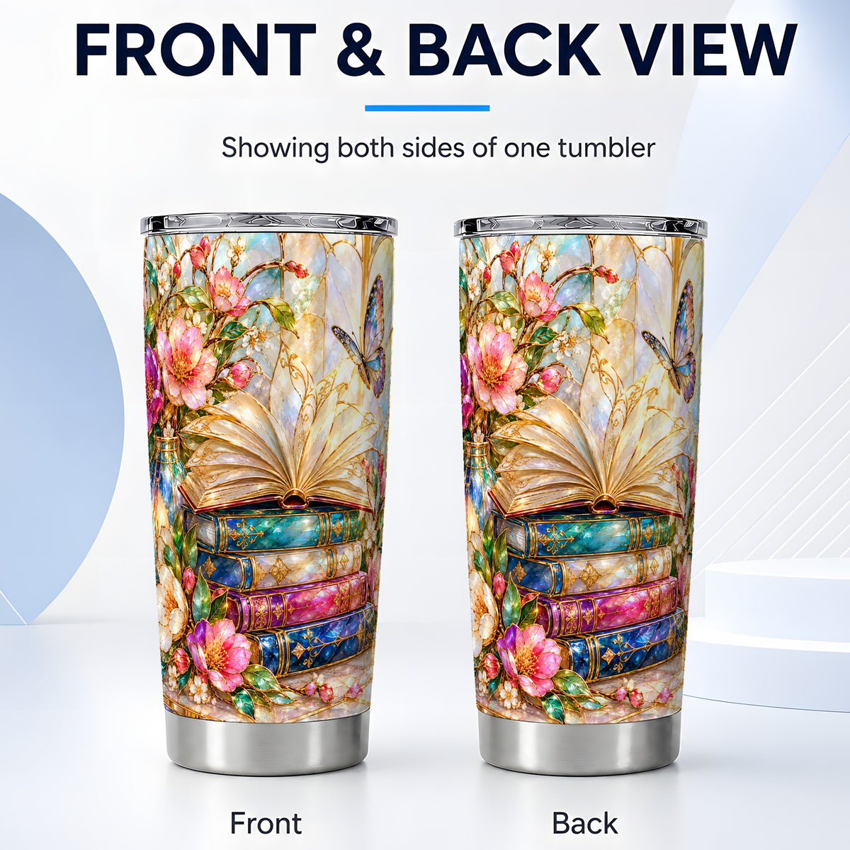 #pl[20oz|Steel] Floral Books Tumbler 20oz, Butterfly Theme Tumbler, Steel Travel Cup