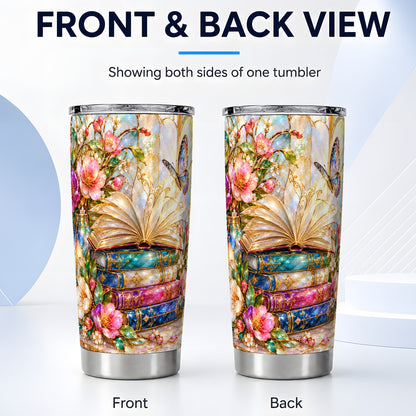 #pl[20oz|Steel] Floral Books Tumbler 20oz, Butterfly Theme Tumbler, Steel Travel Cup