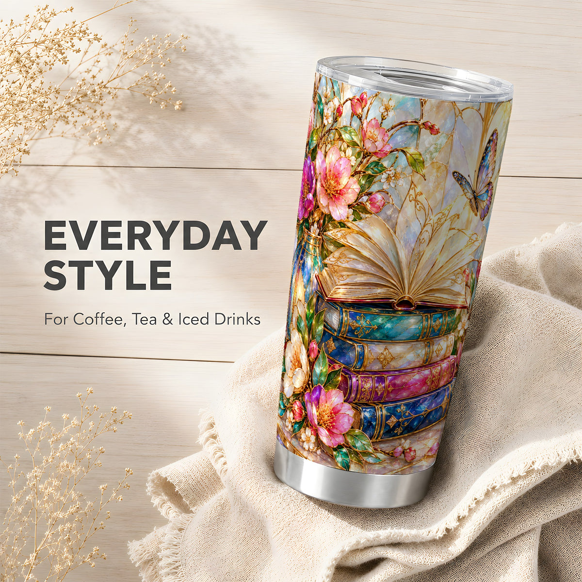Floral Books Tumbler 20oz, Butterfly Theme Tumbler, Steel Travel Cup