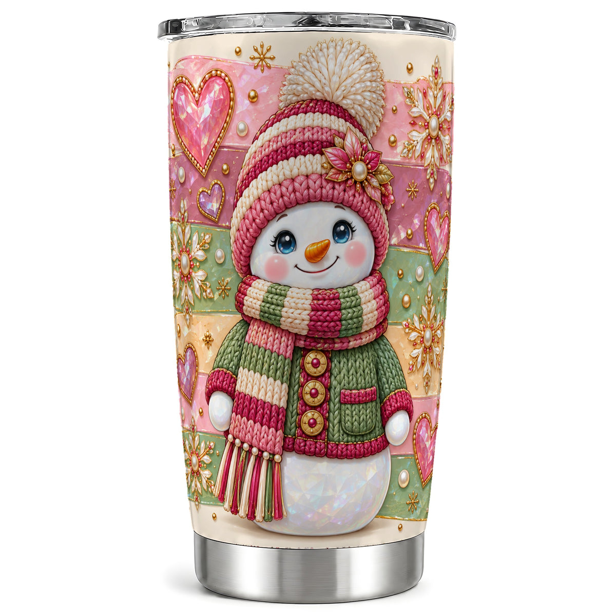 Cozy Snowman Tumbler 20oz, Heart Snowflake Tumbler, Steel Travel Cup