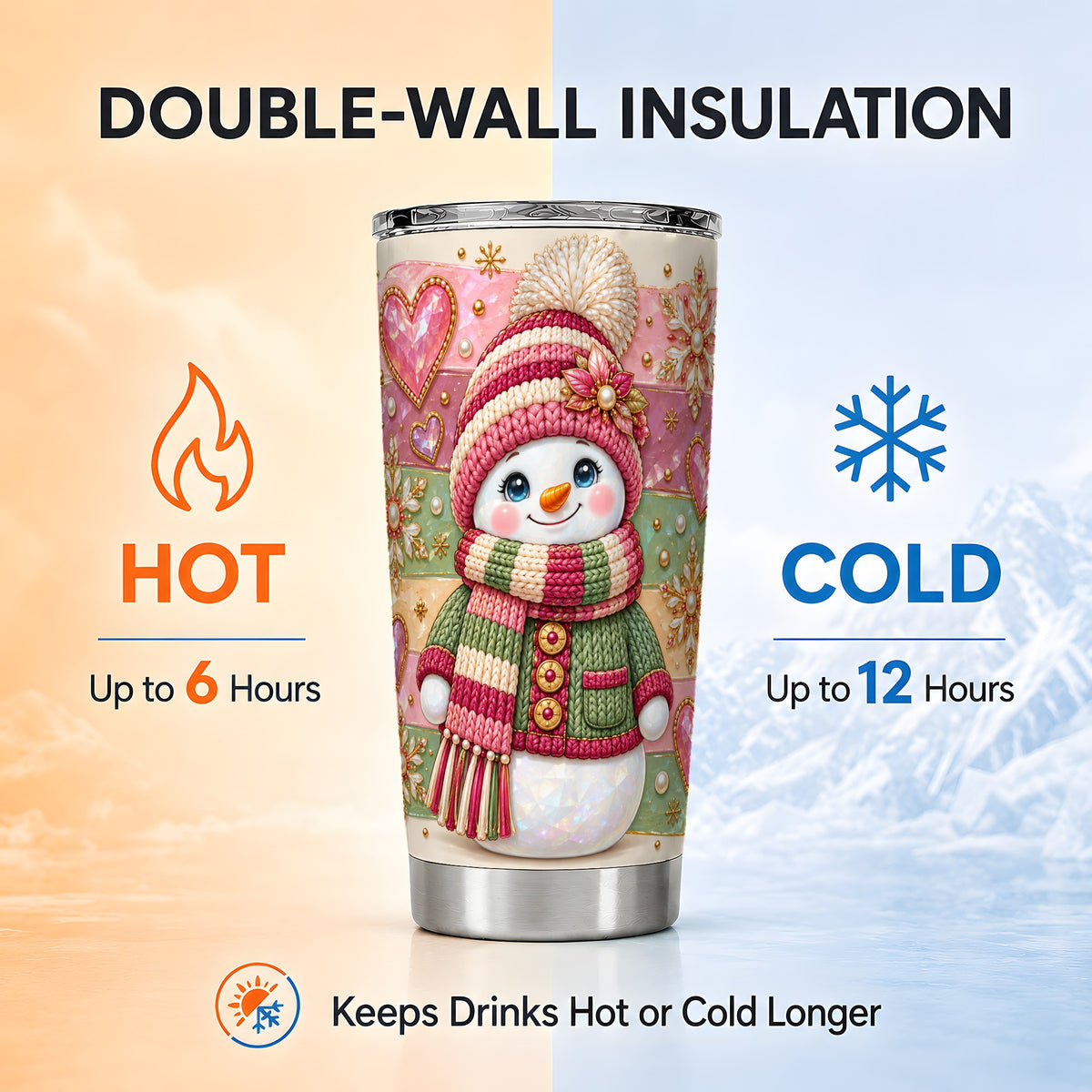 Cozy Snowman Tumbler 20oz, Heart Snowflake Tumbler, Steel Travel Cup