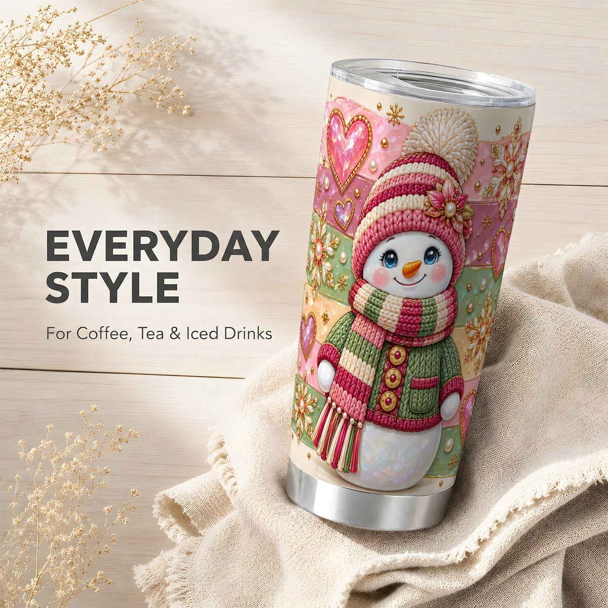 Cozy Snowman Tumbler 20oz, Heart Snowflake Tumbler, Steel Travel Cup