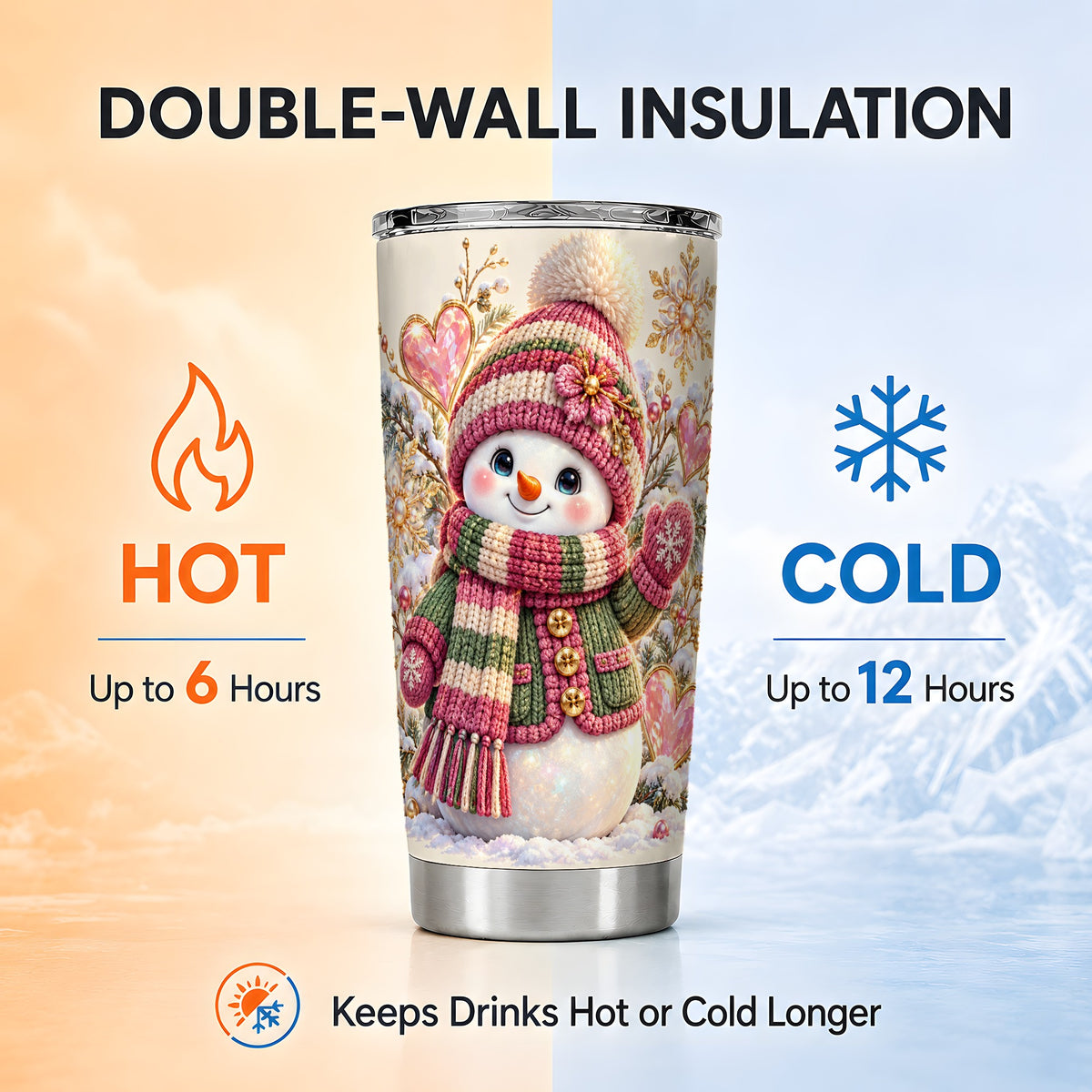 Snowman Tumbler 20oz, Winter Heart Tumbler, Stainless Steel Travel Cup