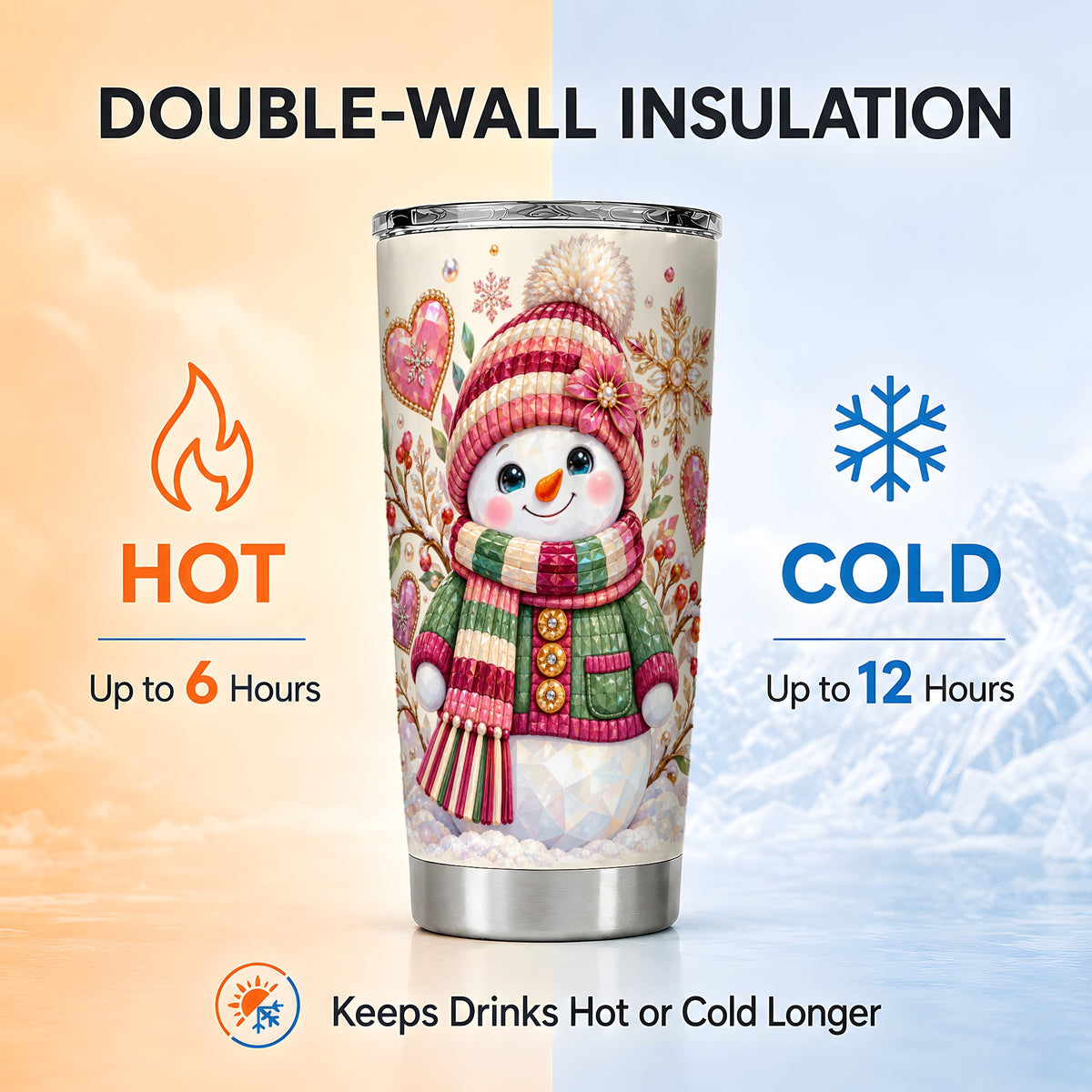 Snowman Tumbler 20oz, Faceted Art Tumbler, Stainless Steel Travel Cup