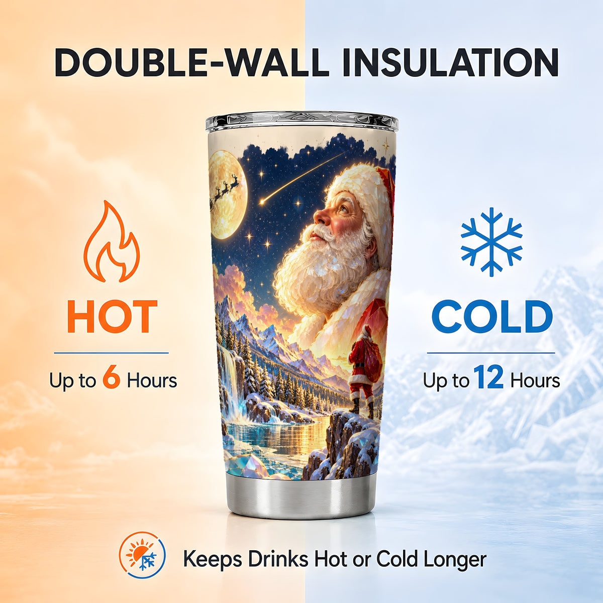 Santa Tumbler 20oz, Winter Night Tumbler, Stainless Steel Travel Cup