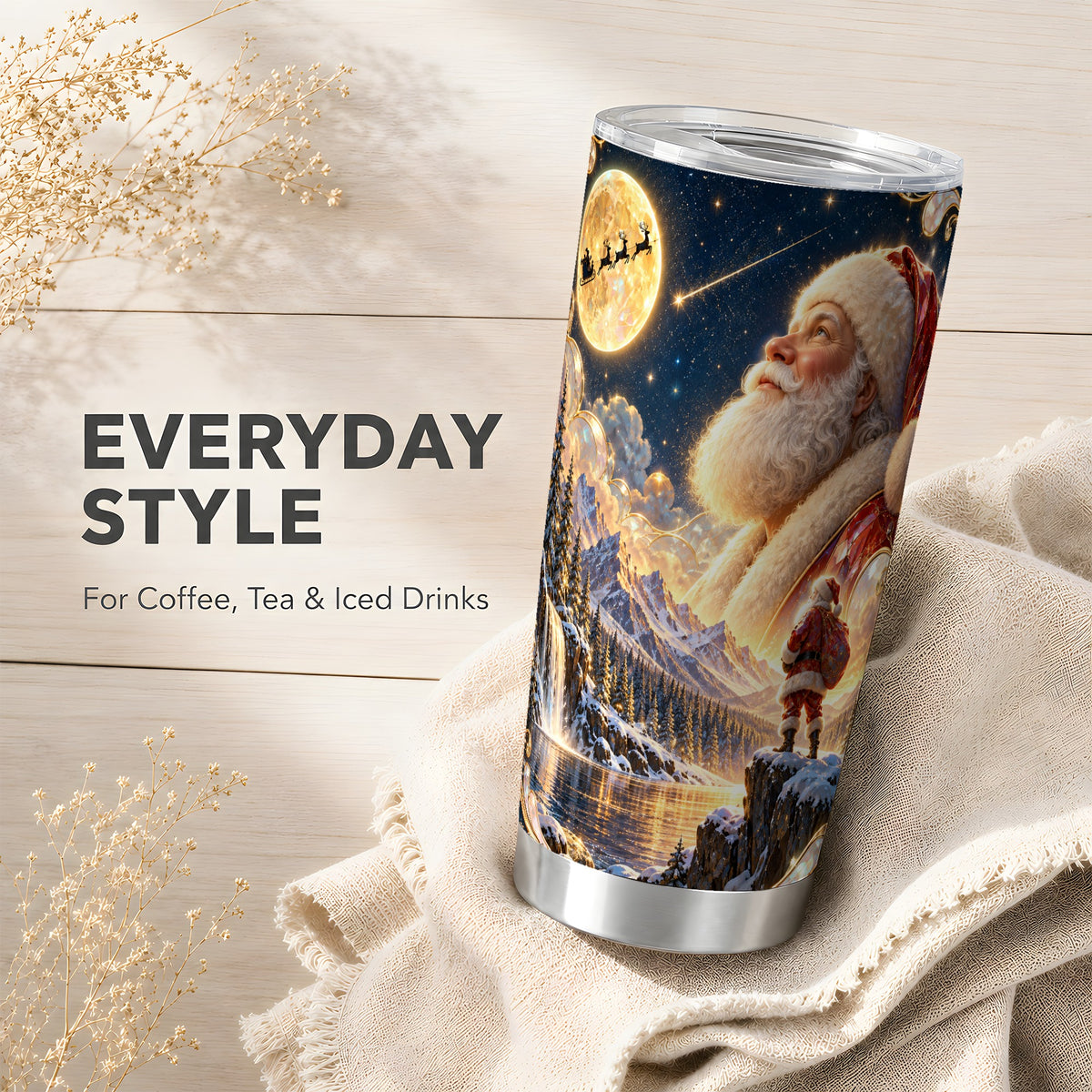 Santa Tumbler 20oz, Mountain Night Tumbler, Stainless Steel Travel Cup