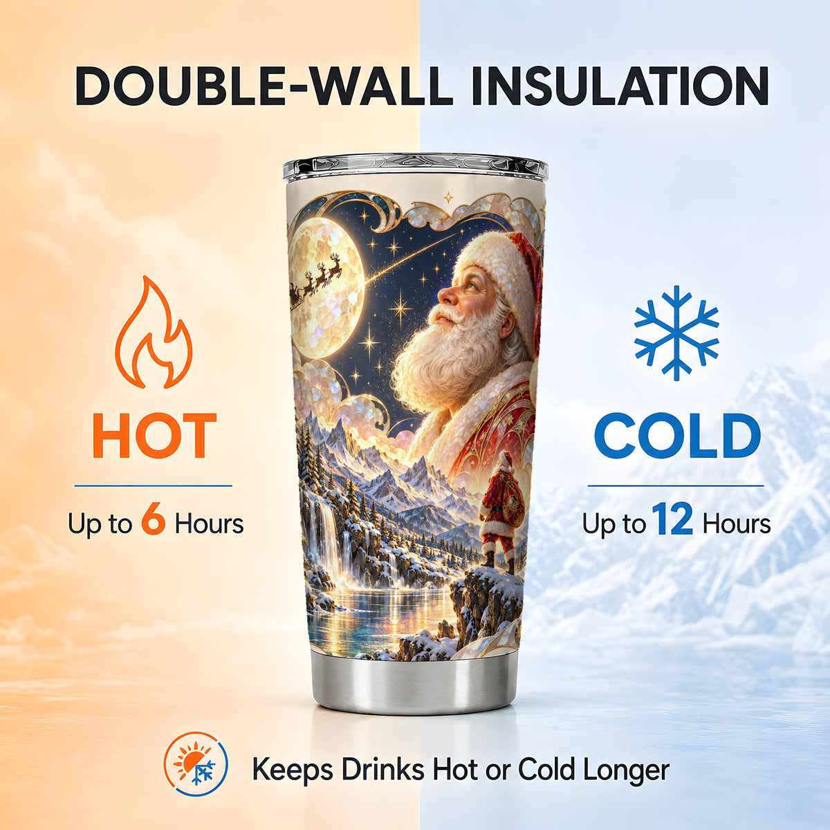 Santa Moon Tumbler 20oz, Christmas Tumbler, Stainless Steel Travel Cup