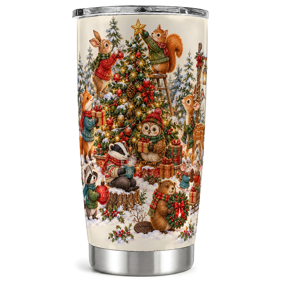 Woodland Christmas Tumbler 20oz, Forest Animal Stainless Steel Travel Cup