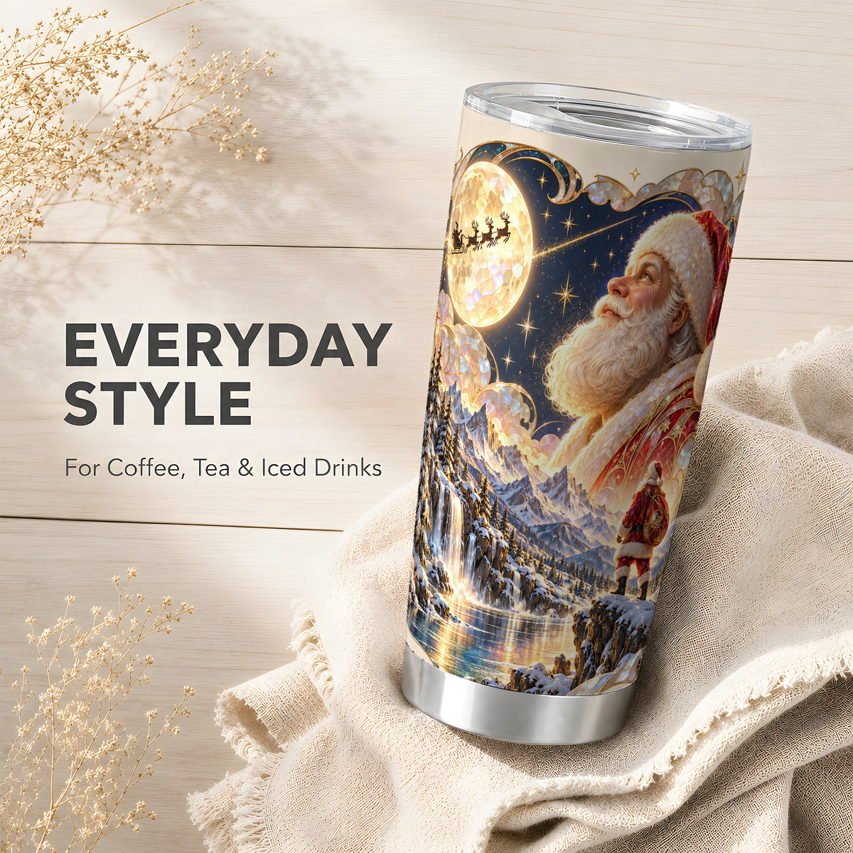 Santa Moon Tumbler 20oz, Christmas Tumbler, Stainless Steel Travel Cup