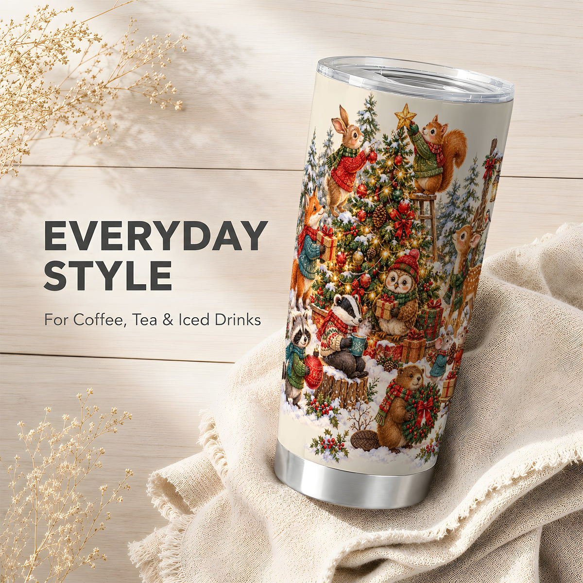 Woodland Christmas Tumbler 20oz, Forest Animal Stainless Steel Travel Cup