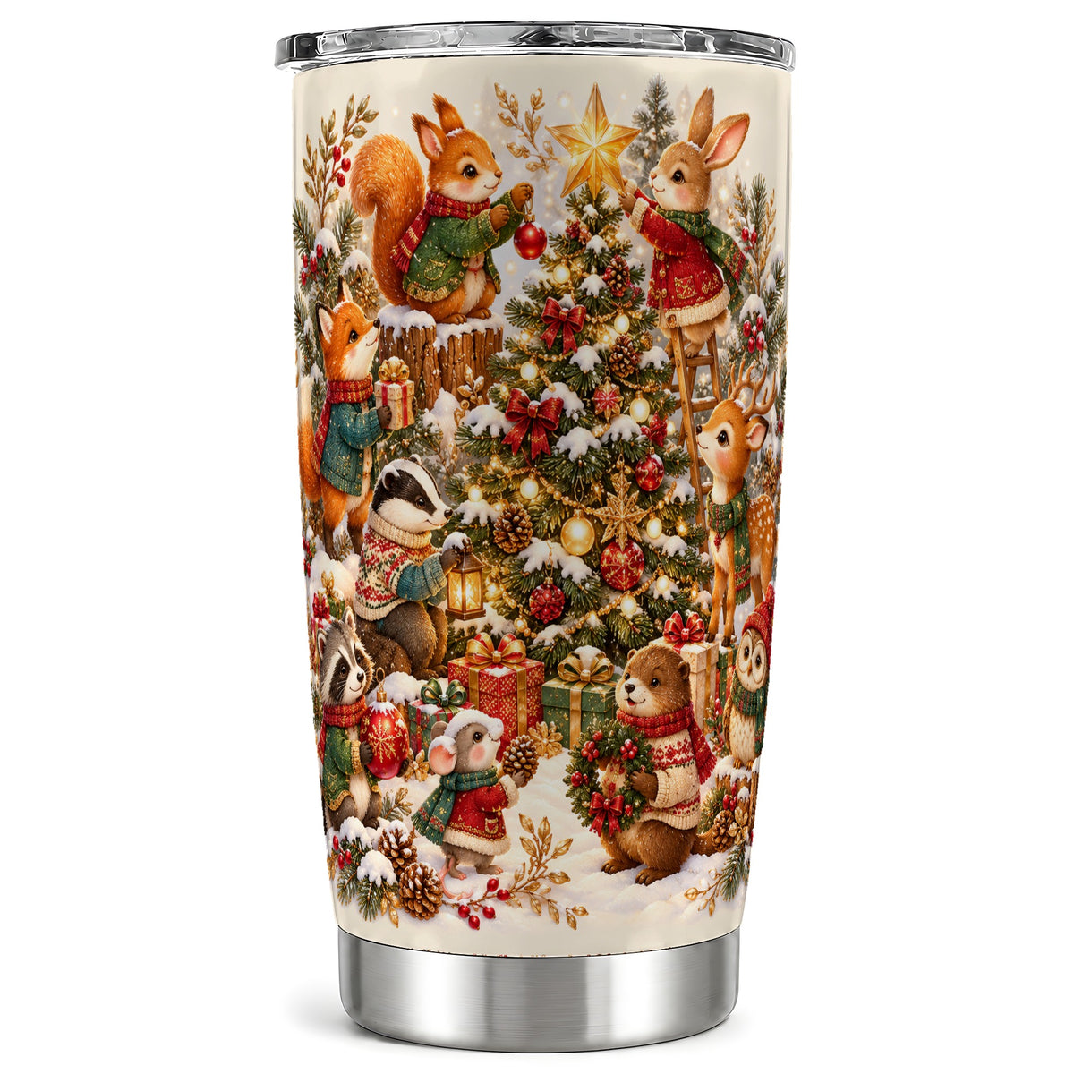Woodland Tree Tumbler 20oz, Christmas Animal Stainless Steel Travel Cup