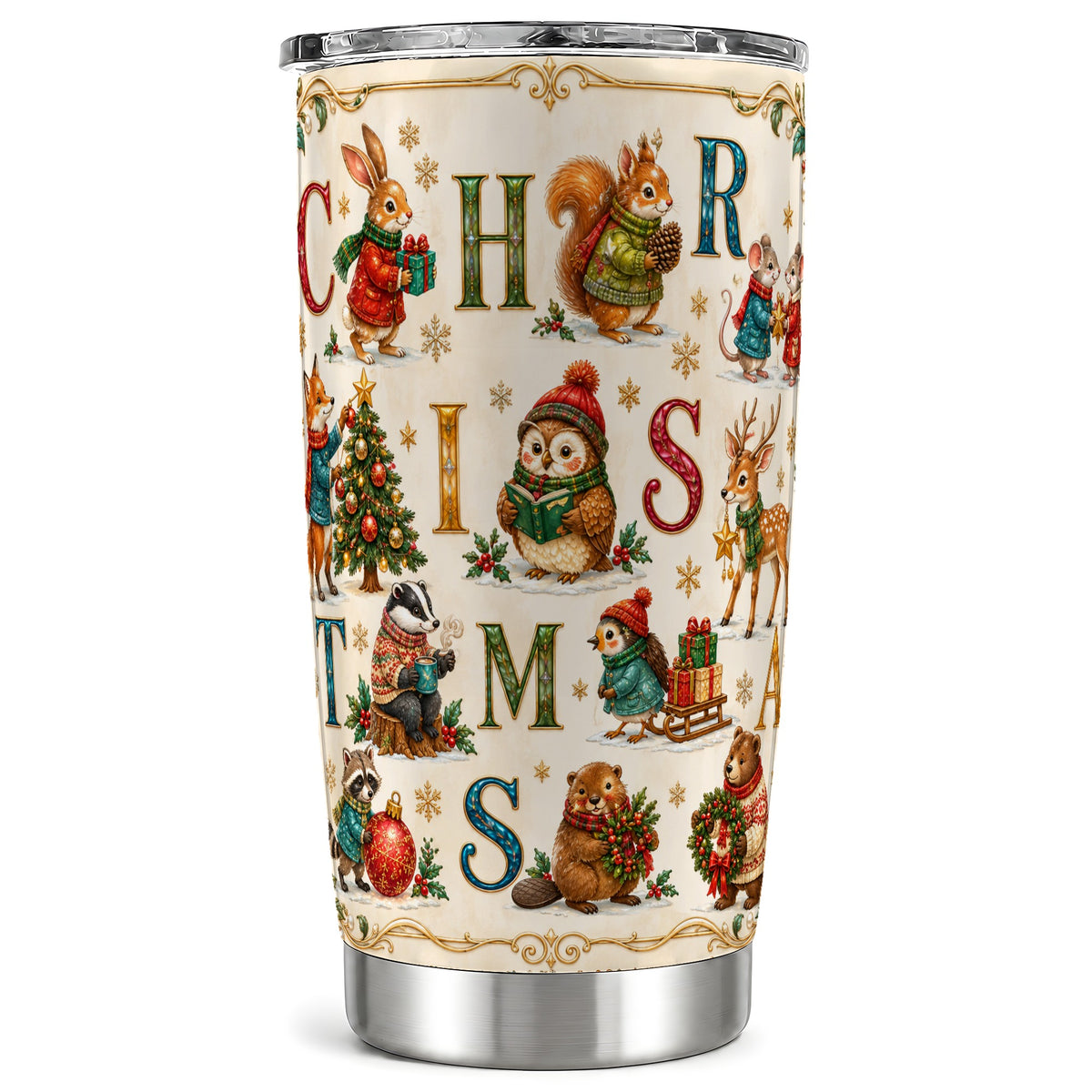 Christmas Animals Tumbler 20oz, Woodland Letter Stainless Steel Travel Cup