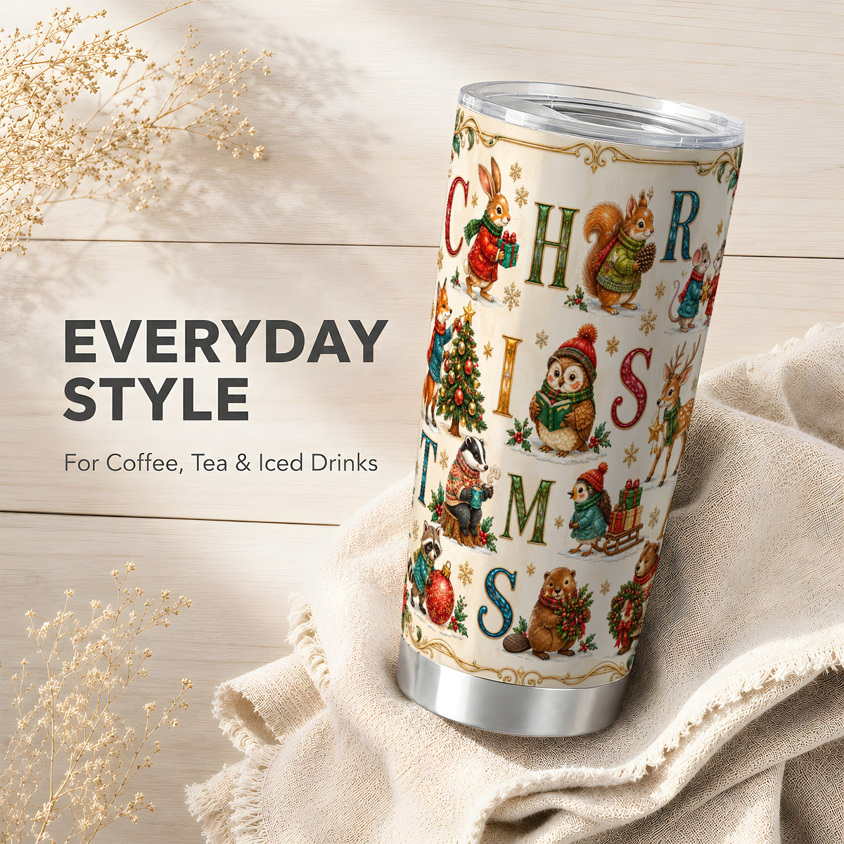 Christmas Animals Tumbler 20oz, Woodland Letter Stainless Steel Travel Cup