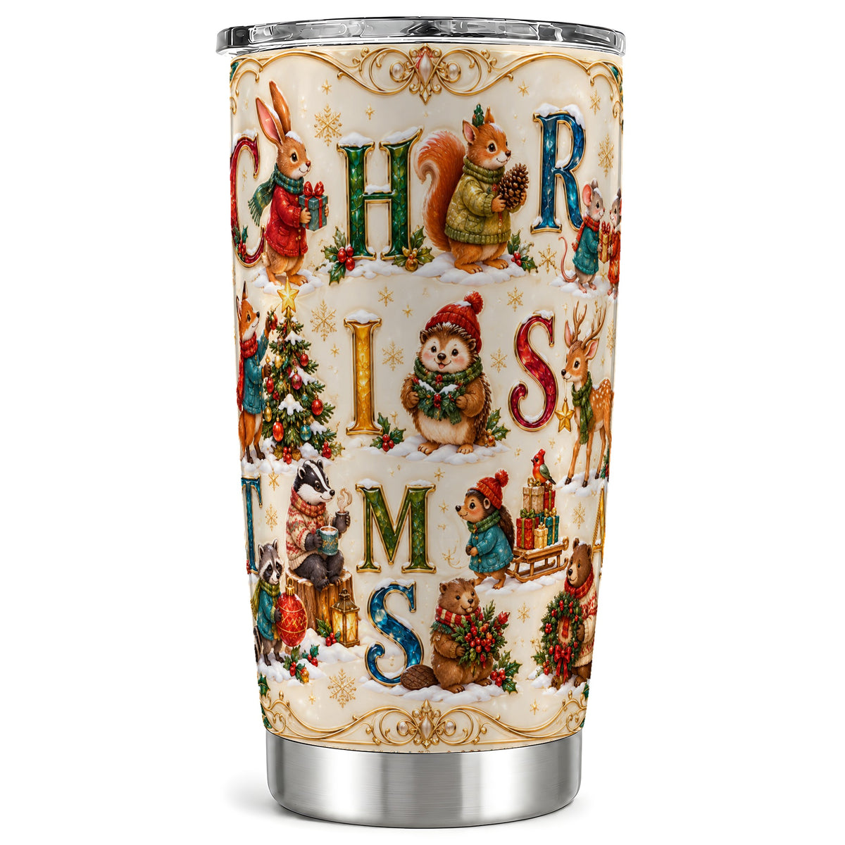 Woodland Christmas Tumbler 20oz, Holiday Letter Stainless Steel Travel Cup