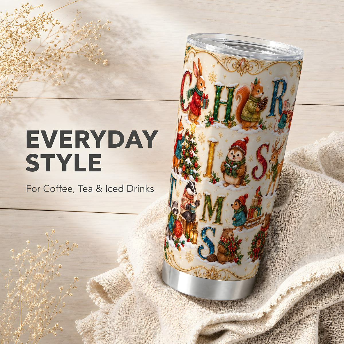 Woodland Christmas Tumbler 20oz, Holiday Letter Stainless Steel Travel Cup