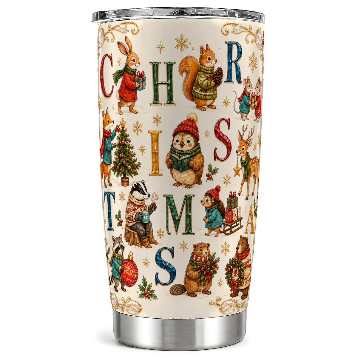 Christmas Woodland Animals Tumbler 20oz, Holiday Stainless Steel Travel Cup