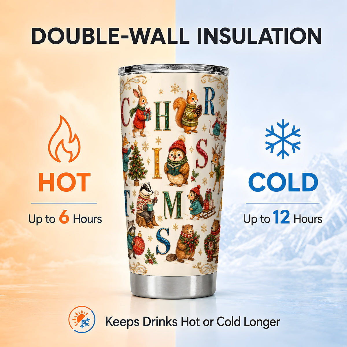Christmas Woodland Animals Tumbler 20oz, Holiday Stainless Steel Travel Cup