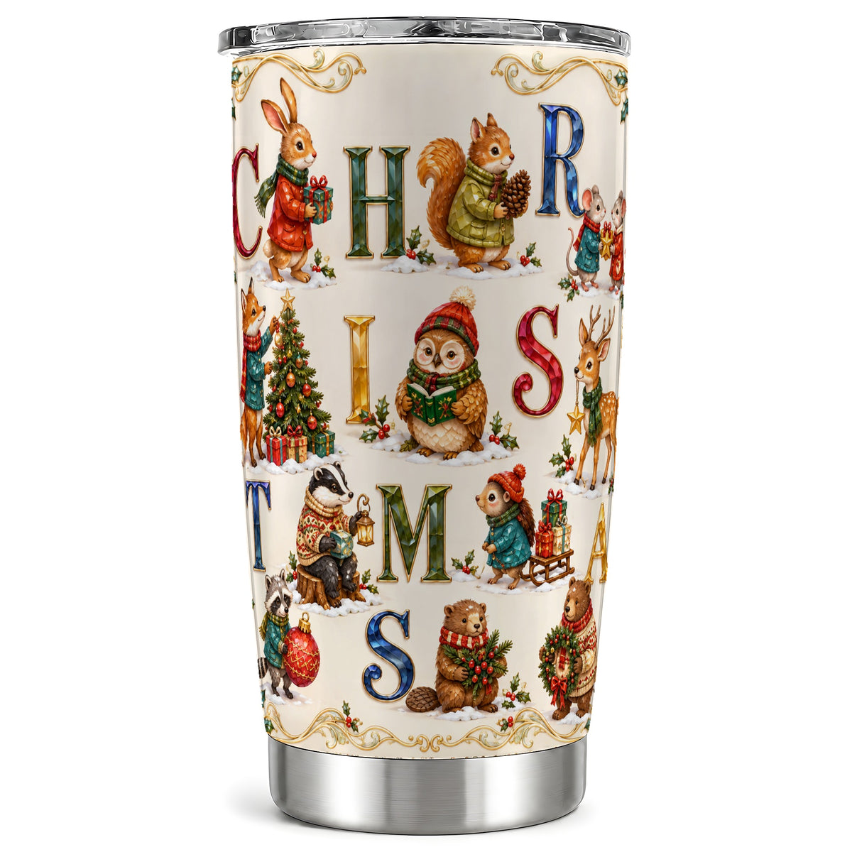 Festive Woodland Animals Tumbler 20oz, Christmas Stainless Steel Travel Cup