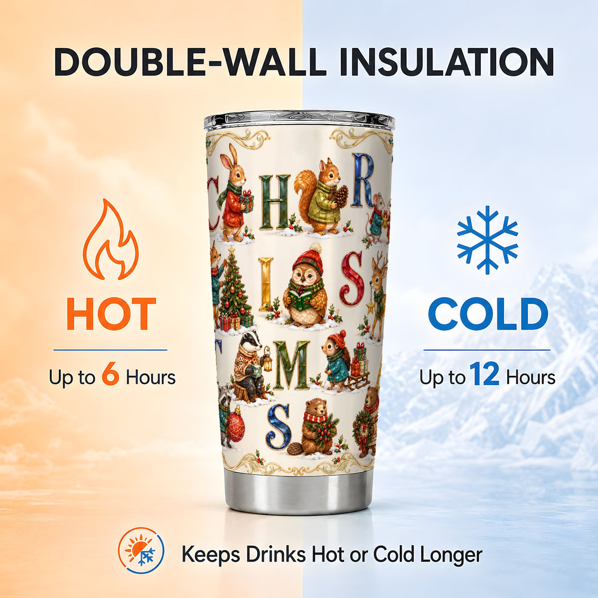 Festive Woodland Animals Tumbler 20oz, Christmas Stainless Steel Travel Cup