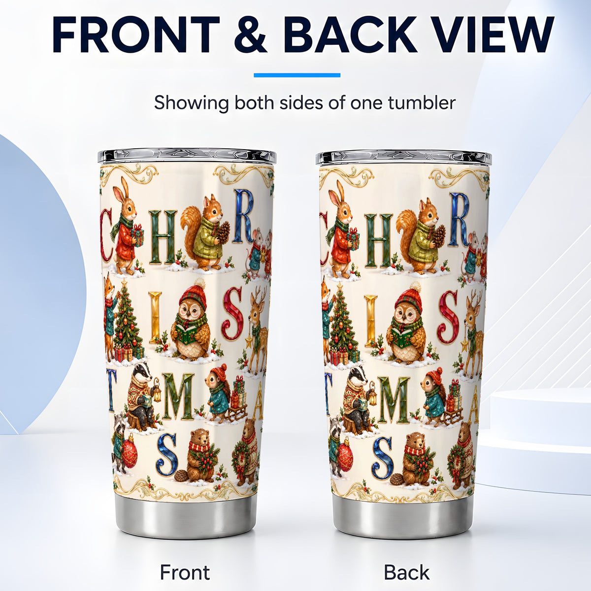 #pl[20oz|Steel] Festive Woodland Animals Tumbler 20oz, Christmas Stainless Steel Travel Cup