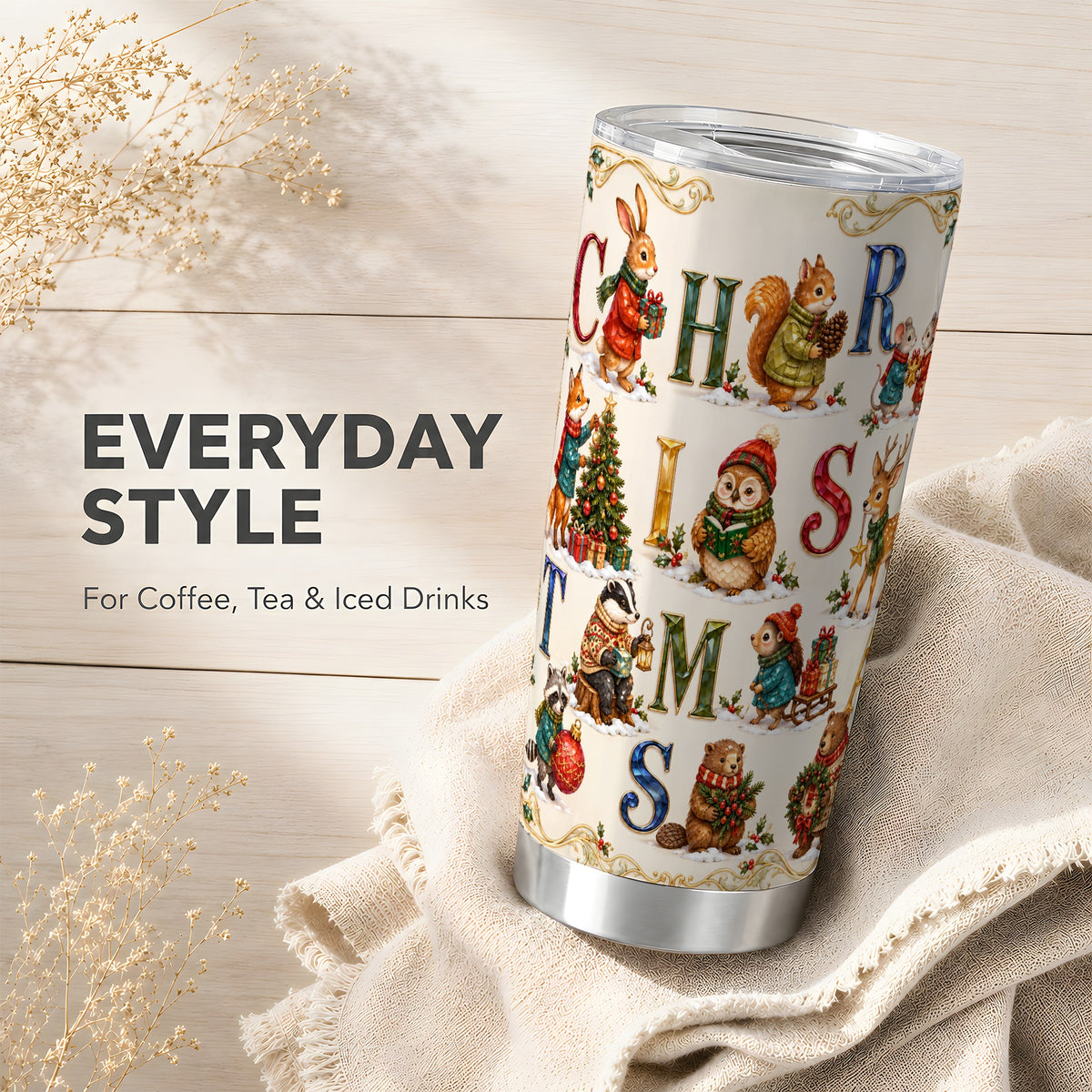Festive Woodland Animals Tumbler 20oz, Christmas Stainless Steel Travel Cup
