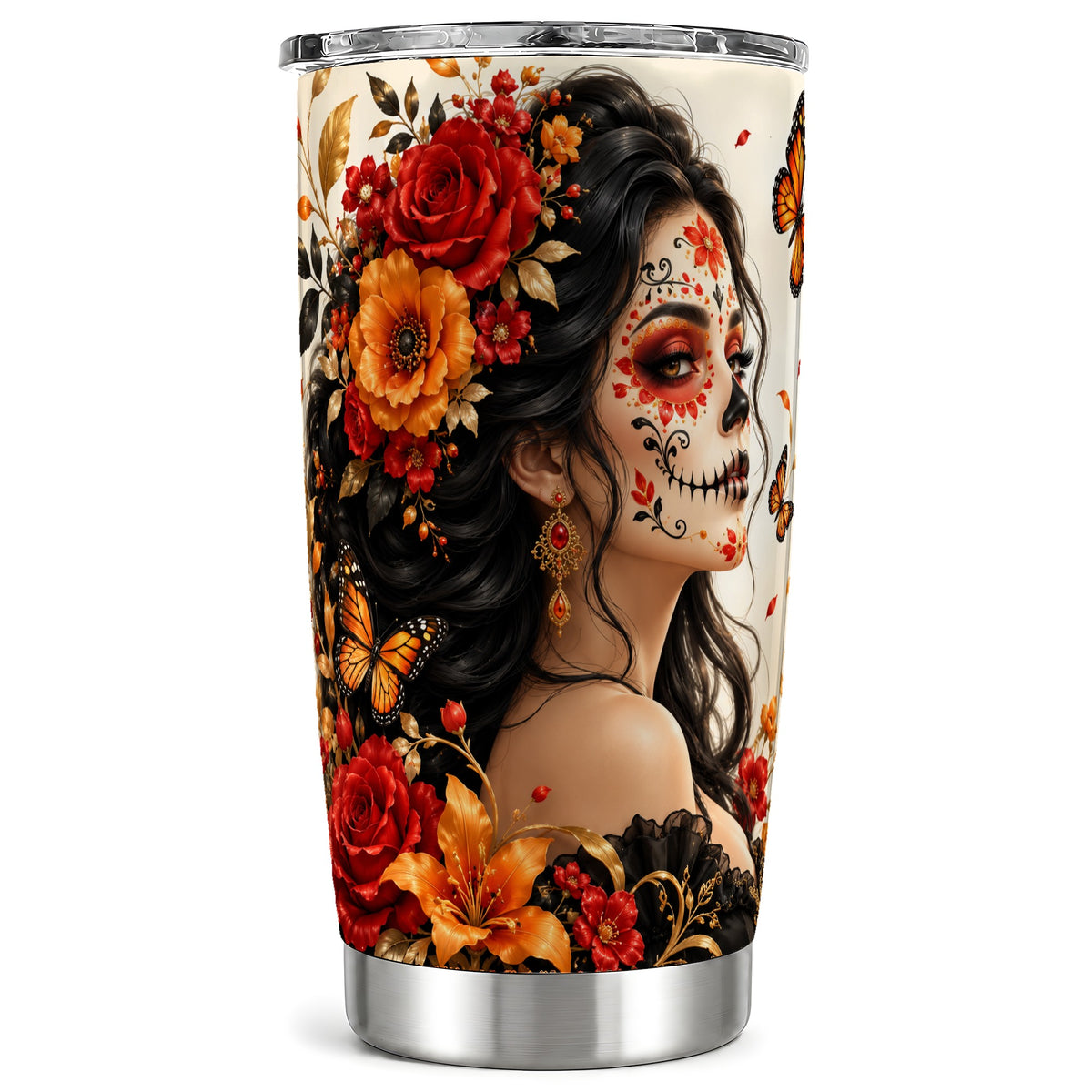 Floral Sugar Skull Woman Tumbler 20oz, Butterfly Stainless Steel Travel Cup