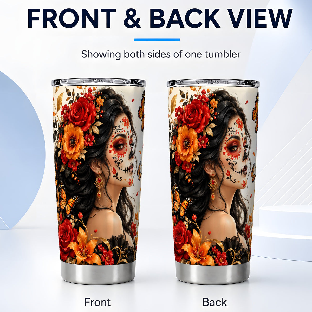 #pl[20oz|Steel] Floral Sugar Skull Woman Tumbler 20oz, Butterfly Stainless Steel Travel Cup