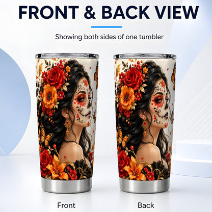 #pl[20oz|Steel] Floral Sugar Skull Woman Tumbler 20oz, Butterfly Stainless Steel Travel Cup