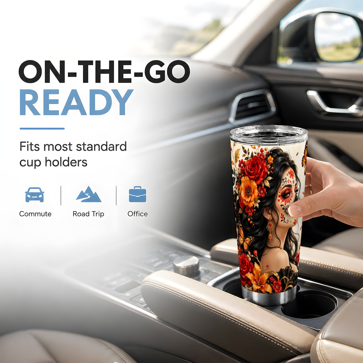 Floral Sugar Skull Woman Tumbler 20oz, Butterfly Stainless Steel Travel Cup