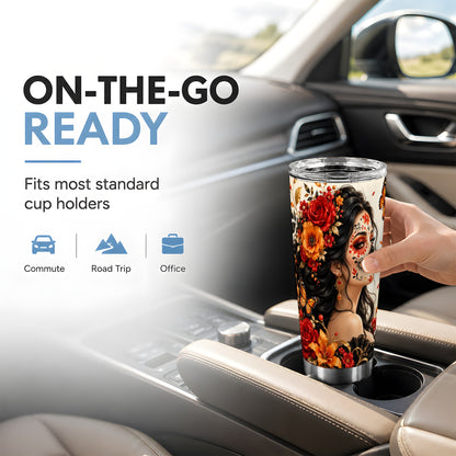 Floral Sugar Skull Woman Tumbler 20oz, Butterfly Stainless Steel Travel Cup
