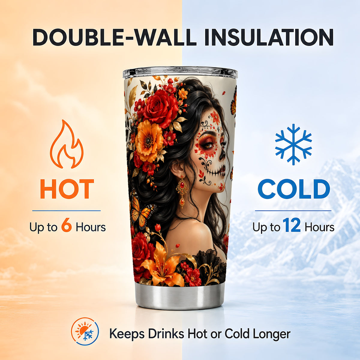 Floral Sugar Skull Woman Tumbler 20oz, Butterfly Stainless Steel Travel Cup
