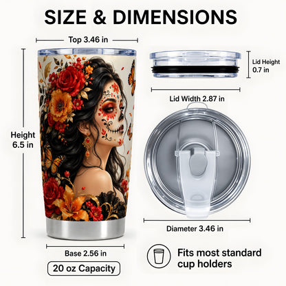 #pl[20oz|Steel] Floral Sugar Skull Woman Tumbler 20oz, Butterfly Stainless Steel Travel Cup