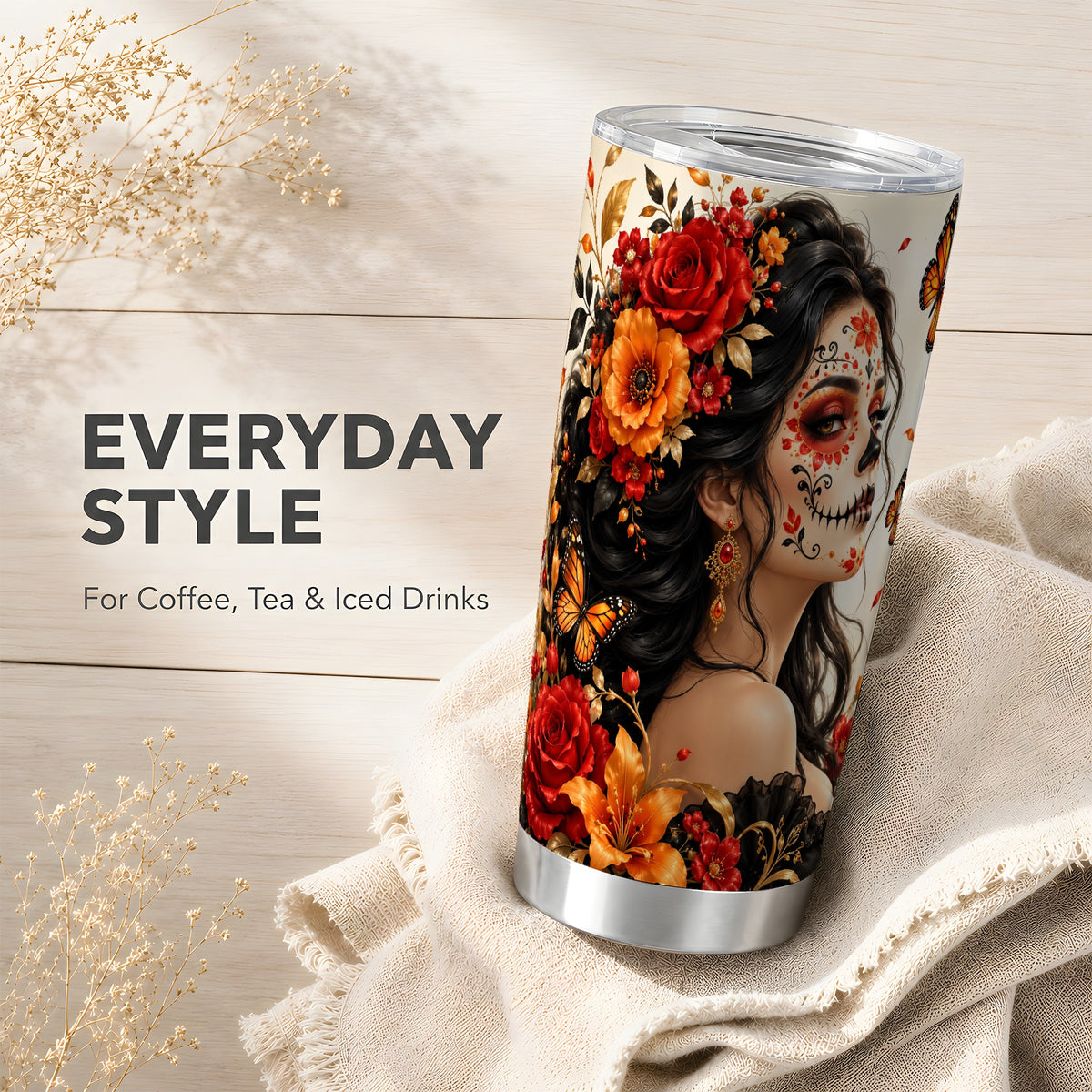 Floral Sugar Skull Woman Tumbler 20oz, Butterfly Stainless Steel Travel Cup