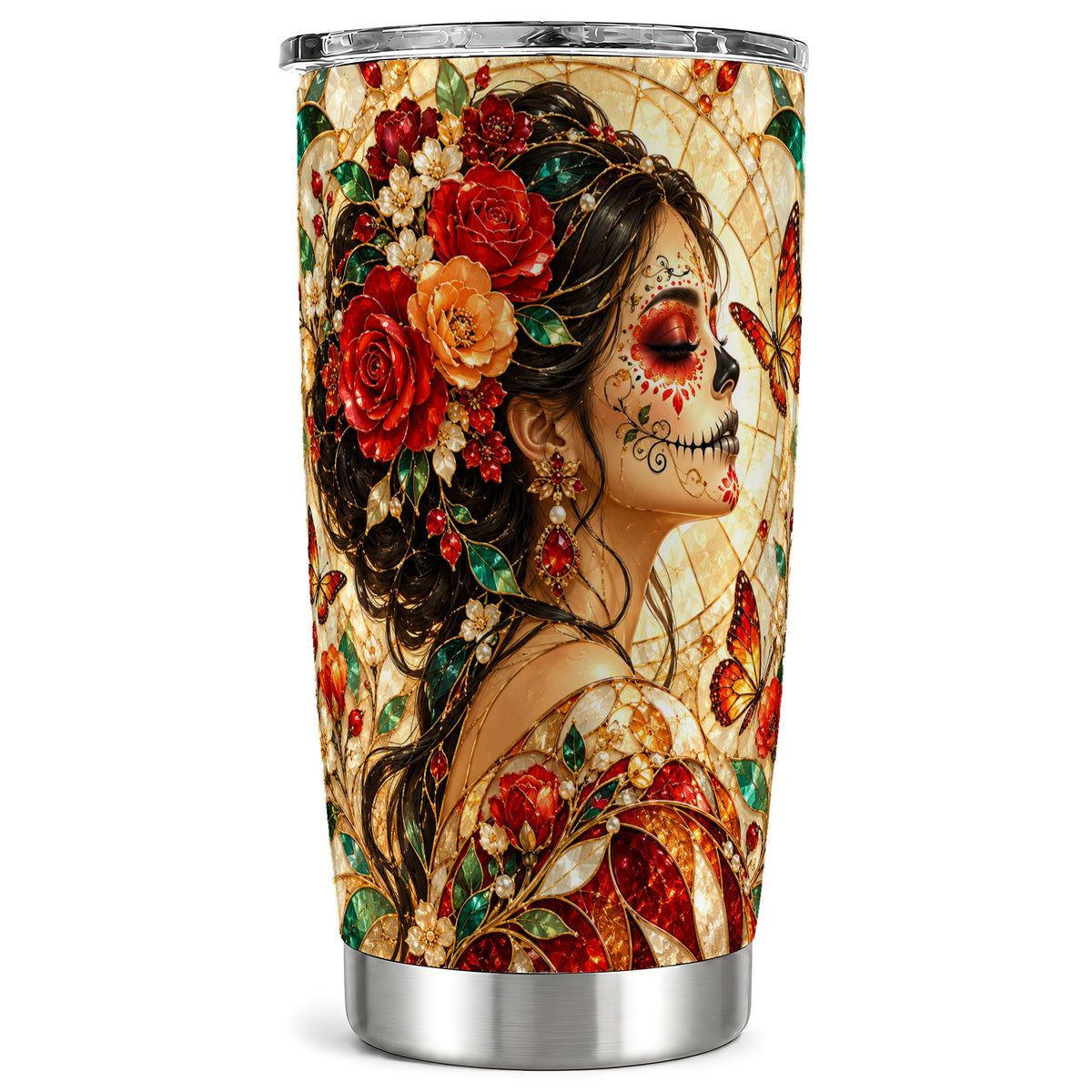 Floral Sugar Skull Tumbler 20oz, Mosaic Stainless Steel Travel Cup